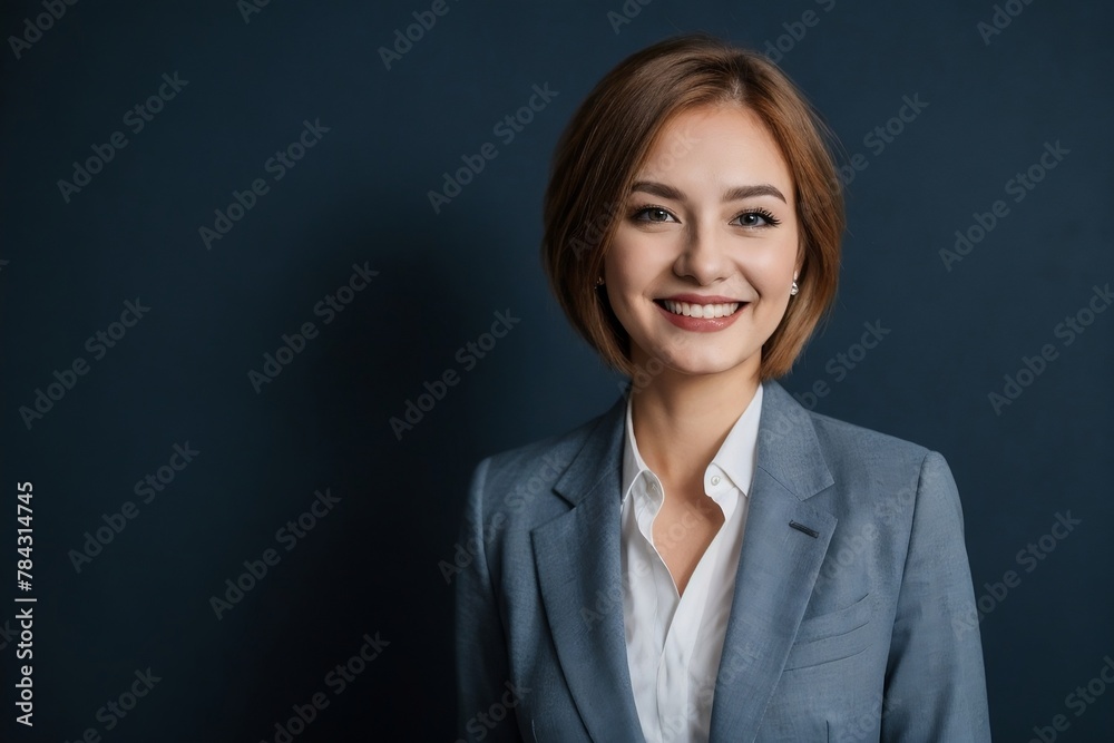 Stylish senior businesswoman confidently posing against a dark blue background with copy space. Stylish senior businesswoman confidently posing against a dark blue background with copy space.