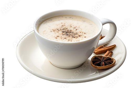 Cream of mushroom soup, various types of mushrooms, cream, milk, sprinkled with black pepper in a white cup, Isolated on transparent background.