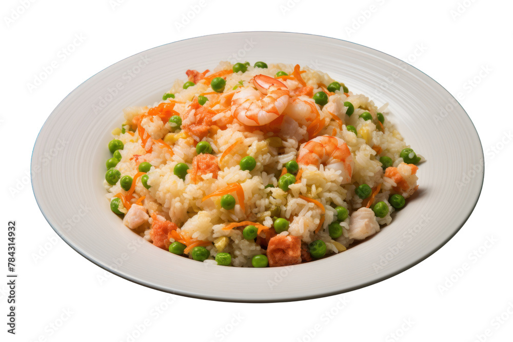 Crab fried rice with large pieces of crab meat, shrimp, green peas, carrots on a white plate, Isolated on transparent background. Crab fried rice with large pieces of crab meat, shrimp, green peas, carrots on a white plate, Isolated on transparent background.
