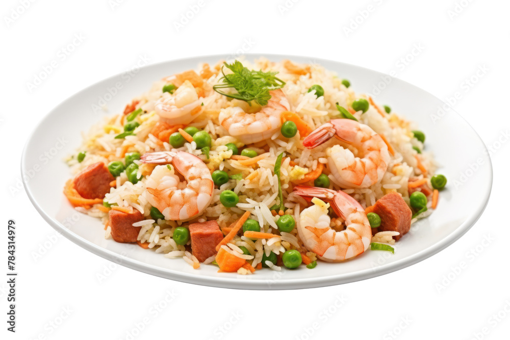 Crab fried rice with large pieces of crab meat, shrimp, green peas, carrots on a white plate, Isolated on transparent background. Crab fried rice with large pieces of crab meat, shrimp, green peas, carrots on a white plate, Isolated on transparent background.