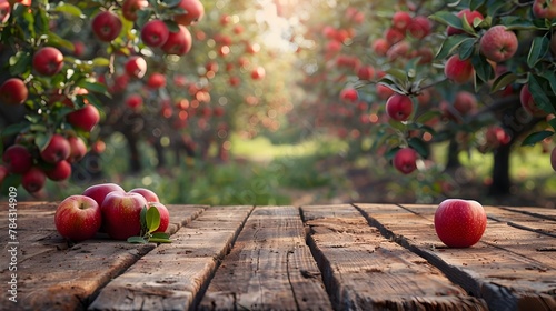Rustic Apple Orchard Backdrop with Empty Wooden Table for Product Display