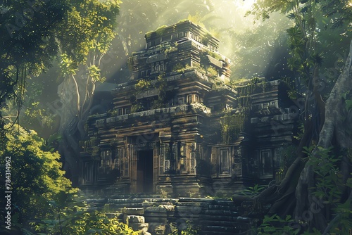 A sunlit ancient temple hidden within a dense jungle, evoking a sense of discovery and mystery