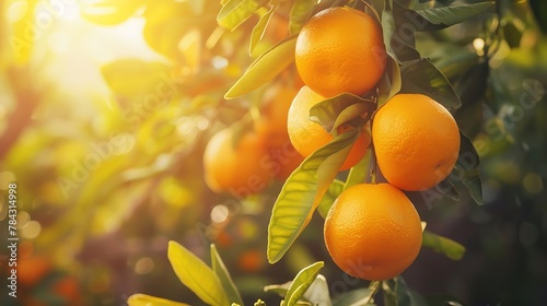 Ripe oranges hang tantalizingly from a tree in a vibrant orange orchard