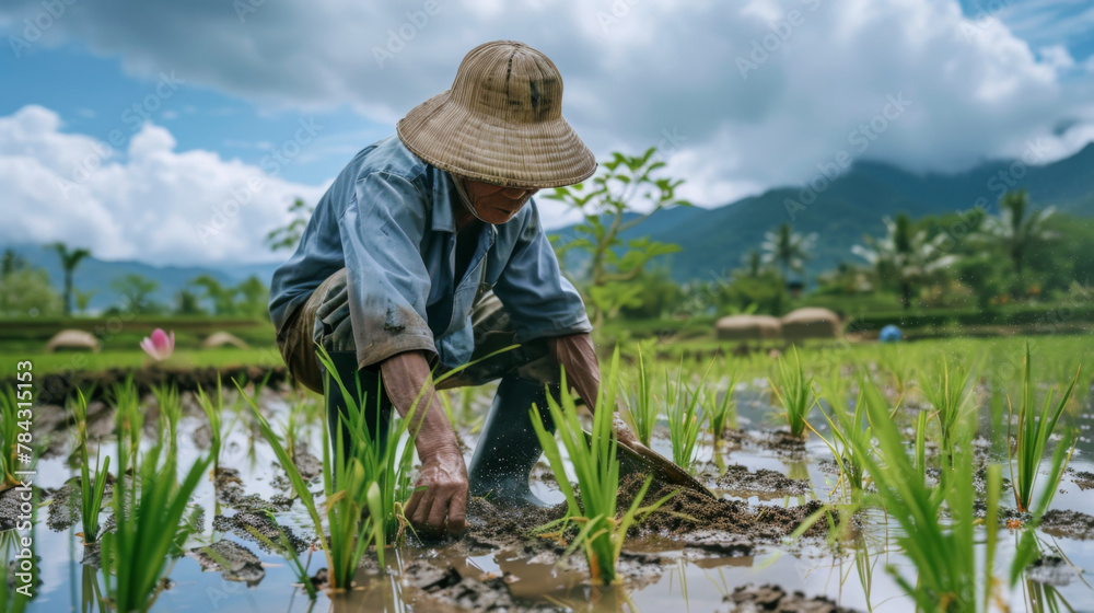 Farmer planting rice in the paddy field