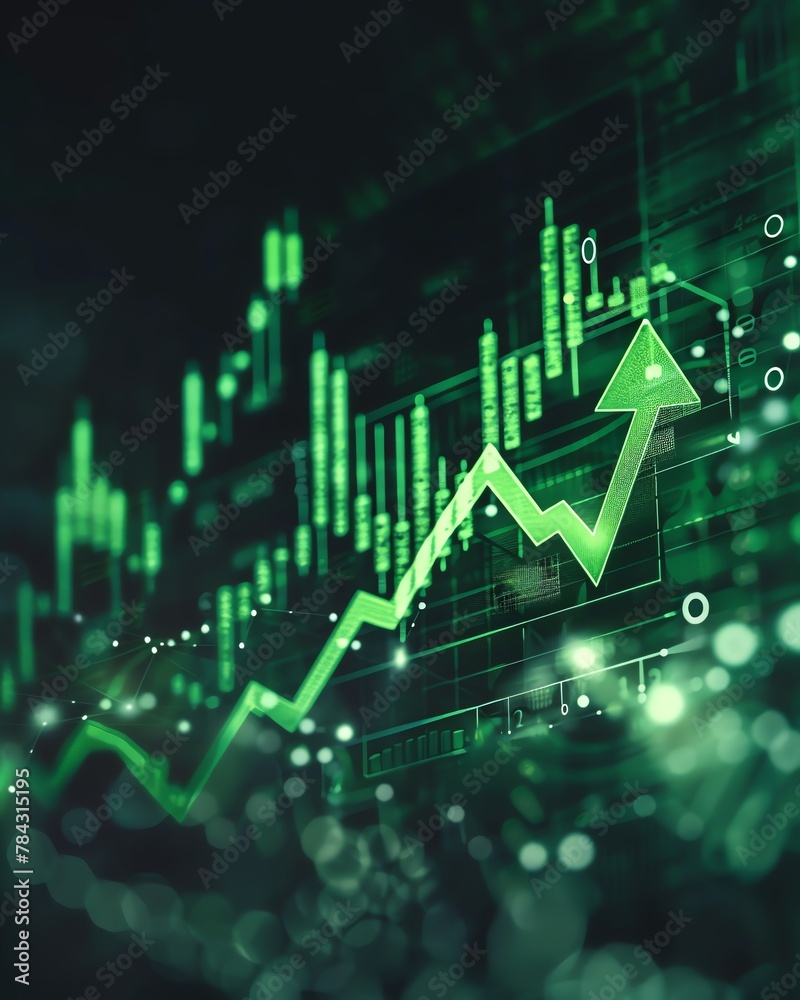 Market analysis graph showcases a prominent green arrow amidst rising figures, reflecting a surge in stock prices and financial growth, eyelevel and engaging Market analysis graph showcases a prominent green arrow amidst rising figures, reflecting a surge in stock prices and financial growth, eyelevel and engaging
