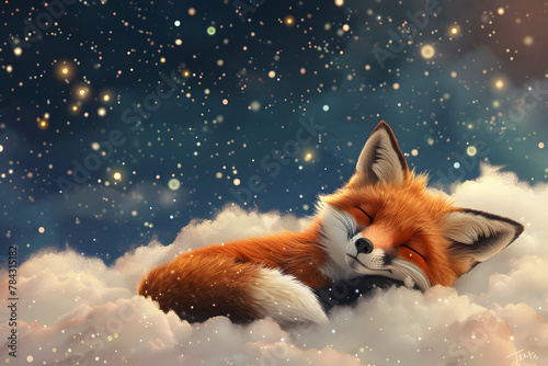 Small little fox sleeping and smiling on a white cloud against the background of the starry sky. Children's sleep, fairy-tale dreams