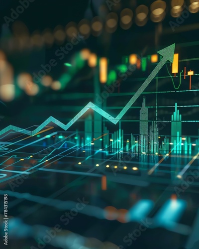 Market analysis graph showcases a prominent green arrow amidst rising figures, reflecting a surge in stock prices and financial growth