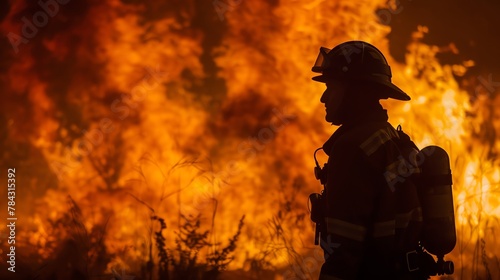 The silhouette of a firefighter in action against a backdrop of intense flames