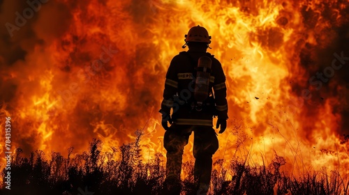 The silhouette of a firefighter in action against a backdrop of intense flames