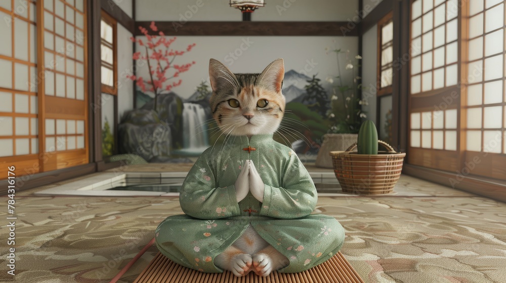 Calico cat meditates in traditional Japanese attire in tatami room with ...