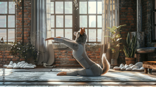 Husky in gray yoga attire s...