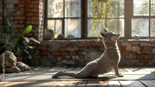 Dog yoga pose on mat in rus...