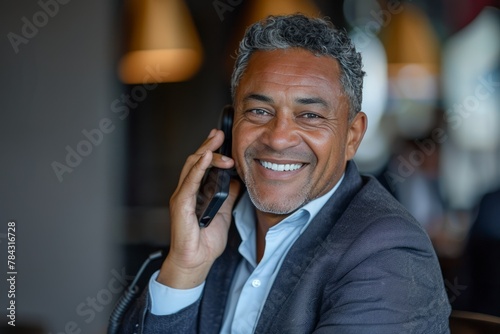 Confident experienced businessman talking on the phone and smiling in an urban setting