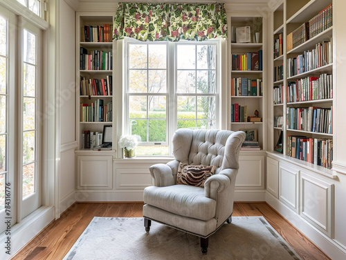 "A plush armchair sits in a cozy reading corner with shelves of books nearby."