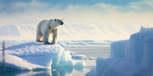 A solitary polar bear standing majestically on a vast iceberg  the icy wilderness stretching around it