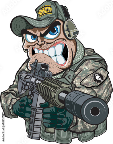 Cartoon style special operator soldier aiming silenced assault rifle