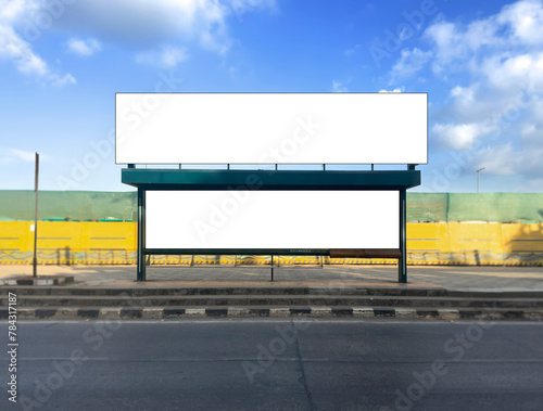 A front view of new bus stop in Mumbai, India with blank empty place for commercial banner mockup billboard, ooh, outdoor. Indian bus stop mock-up for branding. A complete bus stop for advertising.