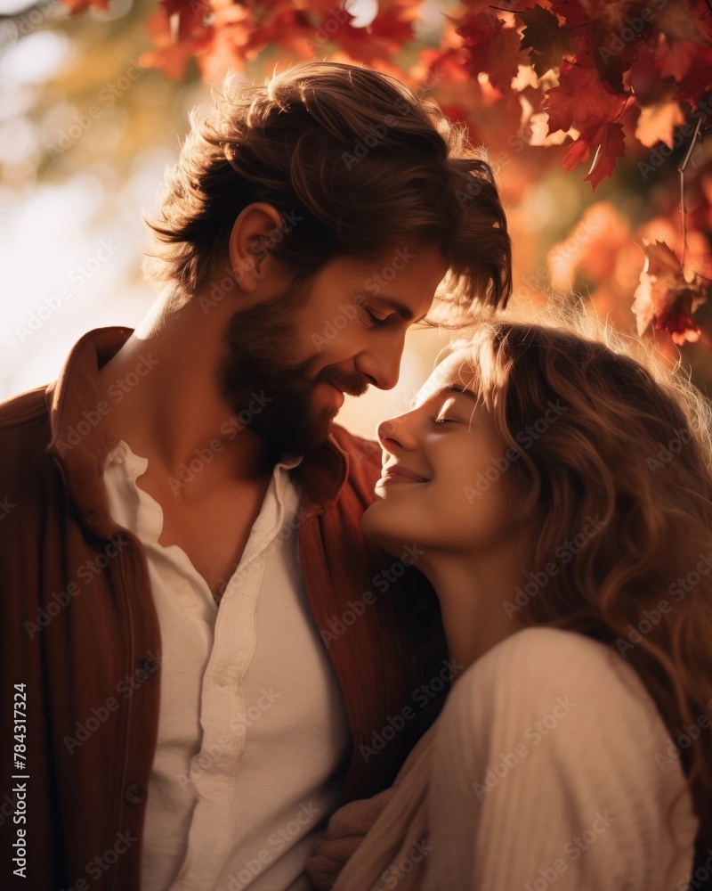 Joyful lovers in autumnal light, intimate angle, natural backdrop