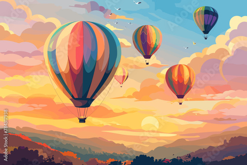 Colorful hot air balloons floating over scenic countryside at sunrise, freedom concept