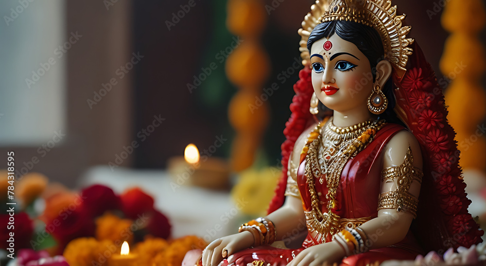 Indian Hindu Goddess Sheetla Mata at divine environment. sheetla Puja, divine Theme, closeup, bokeh blur