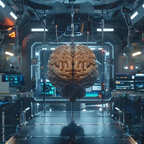 A brain suspended in a futuristic laboratory with a large window. photo