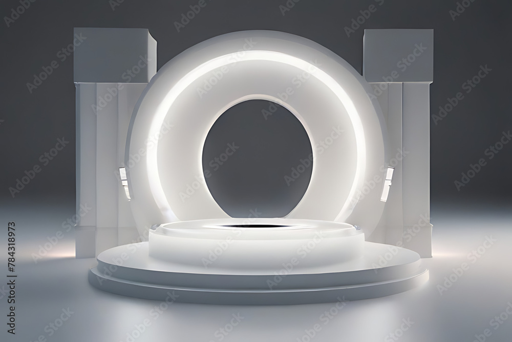 A circular Podium background with 3D light tech stage future platform game abstract. Podium 3D background room product circle glow effect portal stand studio scene white design ring modern, product A circular Podium background with 3D light tech stage future platform game abstract. Podium 3D background room product circle glow effect portal stand studio scene white design ring modern, product