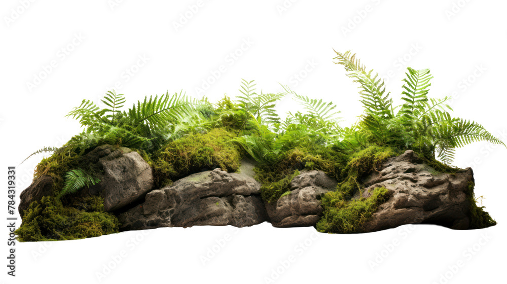 Tropical plant fern moss bush tree jungle stone rock isolated on transparent and white background.PNG image. Tropical plant fern moss bush tree jungle stone rock isolated on transparent and white background.PNG image.