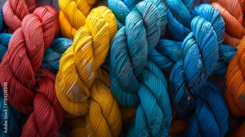 Vibrant colored ropes tightly coiled in a stack. photo