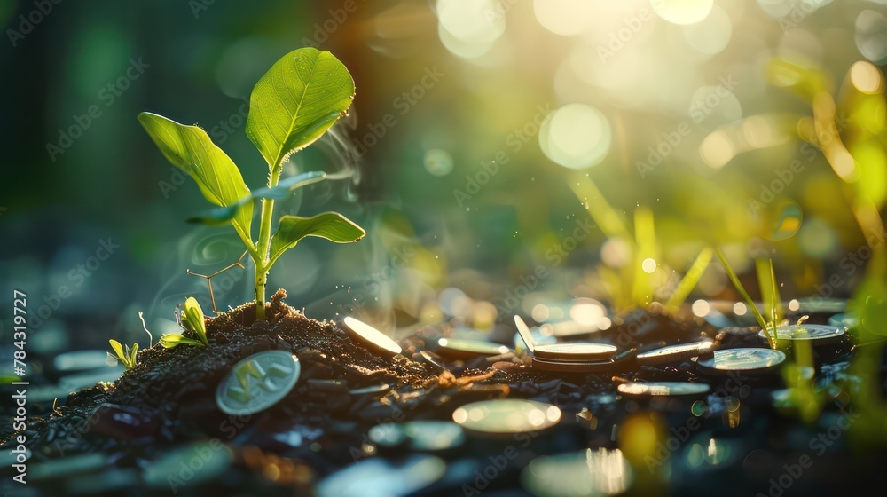 Fresh Sapling Growth Amidst Coins Fresh Sapling Growth Amidst Coins