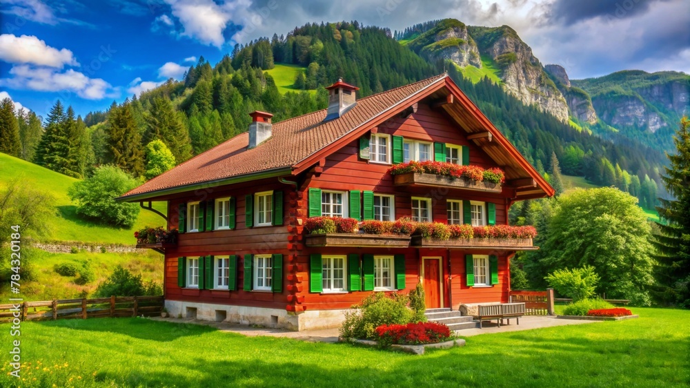 Big red rural house in Switzerland, traditional Swiss farmhouse in the countryside, red house and green grass