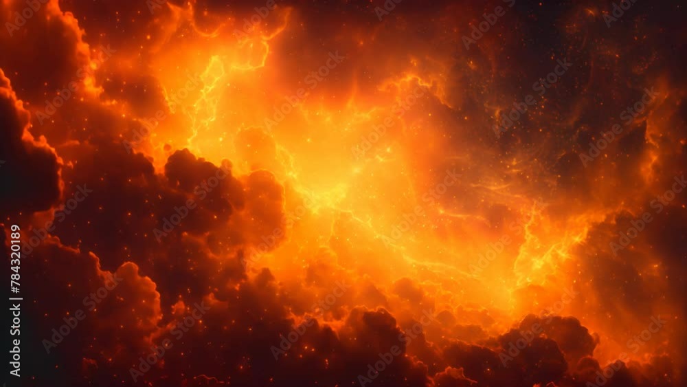 A fiery orange nebula with bright white stars scattered
