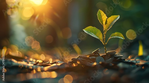 Nature's Wealth: Young Plant Amongst Coins