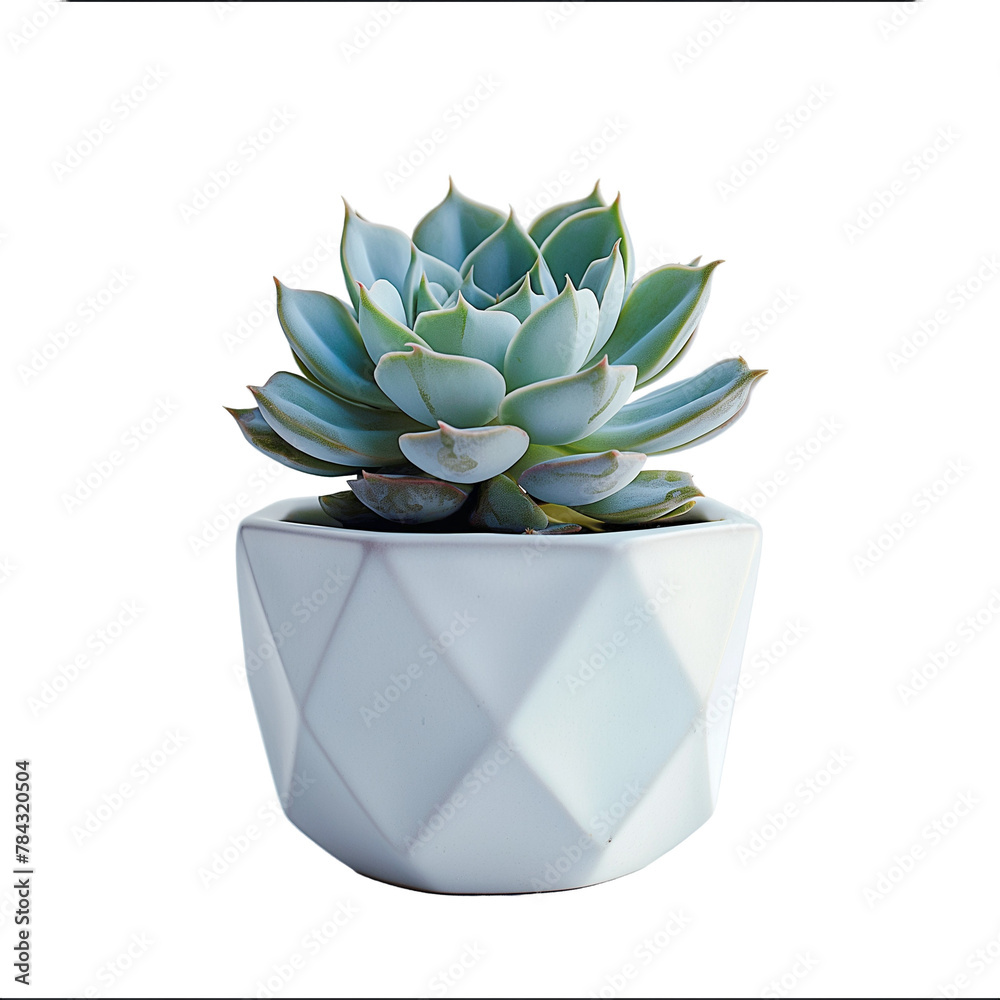 Geometric White Pot with Blue-Green Succulent isolated on White Background Geometric White Pot with Blue-Green Succulent isolated on White Background
