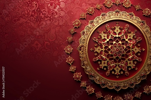 Abstract backrgound, beautiful arabic golden pattern on a dark red background with arabic pattern and lot of negative space, banner for Arabic american Heritage Month