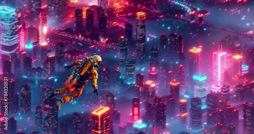 Chill loop animation collage. Man with jetpack flies in  night big city. The perfect relax background for music	 photo