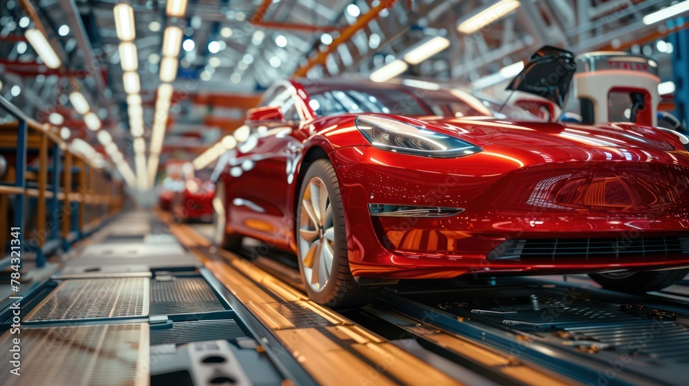 Red Electric Cars in Production Line Red Electric Cars in Production Line