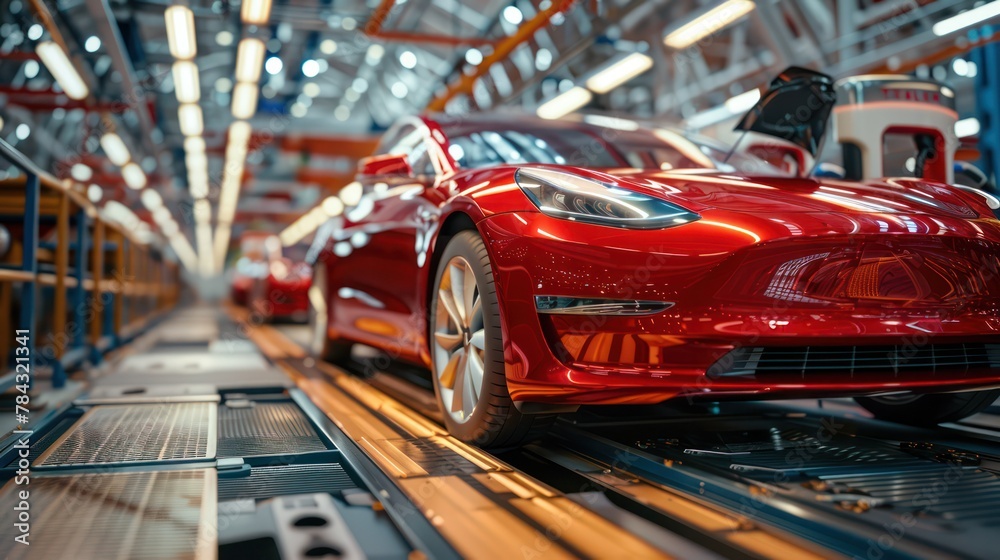 Red Electric Cars in Production Line