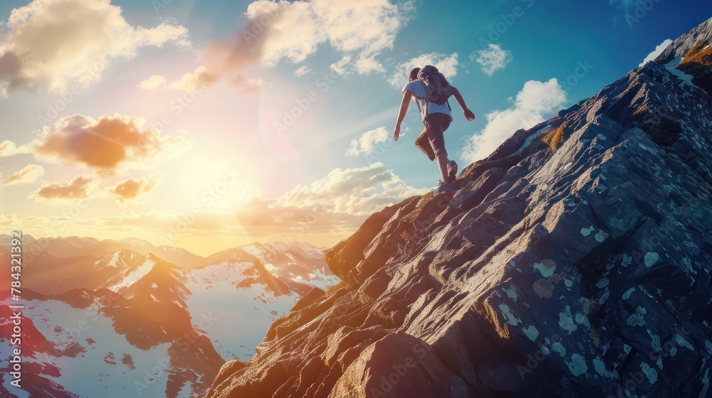 Fototapeta premium Adventurous Hiker Scaling a Mountain at Sunset