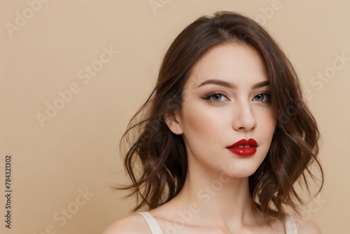 Beautiful and elegant model with red lipstick posing on a bright beige background with copy space. Cosmetic concept.