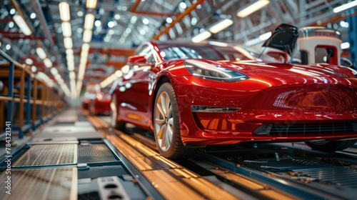 Red Electric Cars in Production Line © Thanaporn