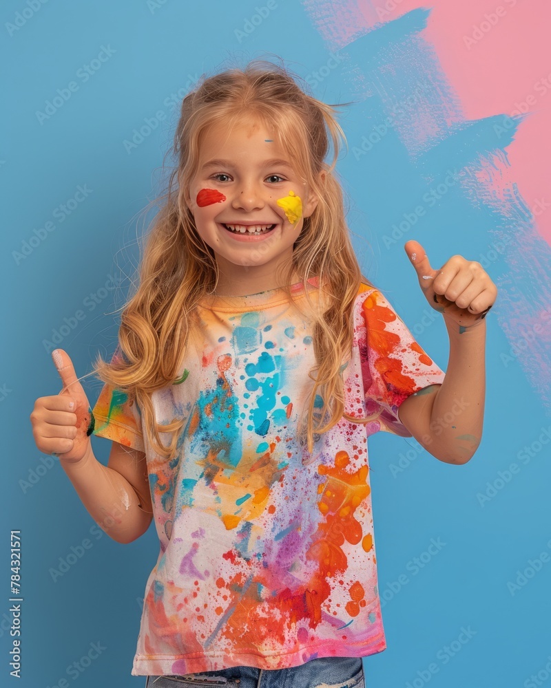 Joyful Child with Colorful Paint on Face and T-Shirt Giving Thumbs Up, Creative Art Concept