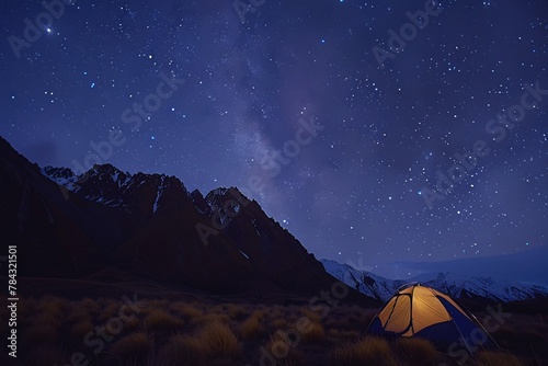 A tent stands in the middle of a field beneath a dark night sky filled with countless stars shining brightly