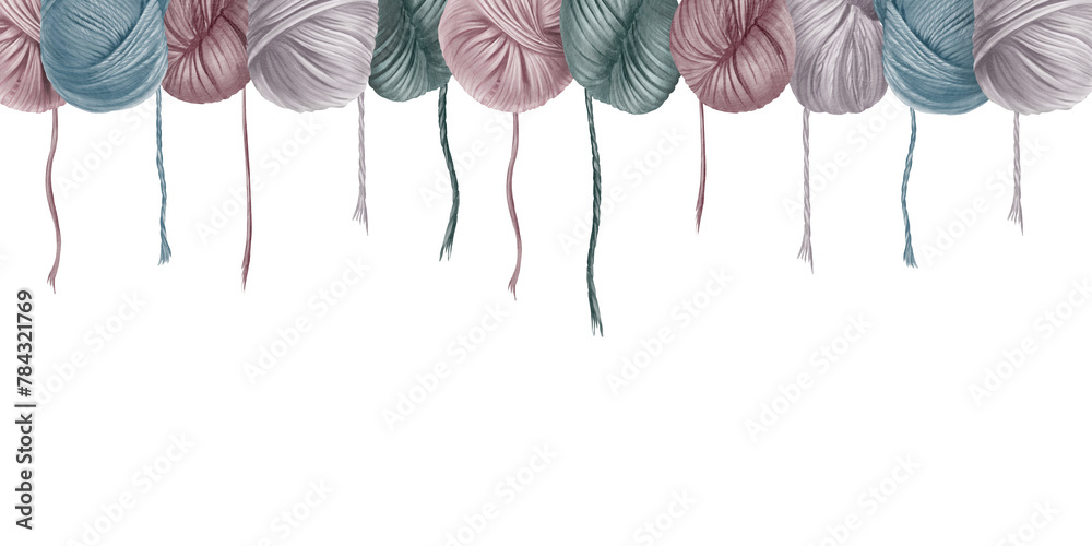Skeins of yarn in the form of a one-sided border with strings hanging ...