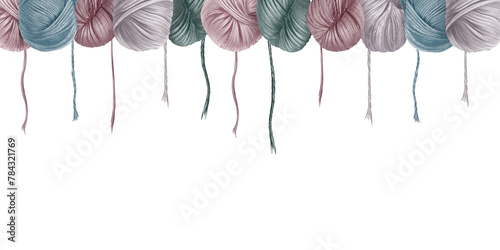 Skeins of yarn in the form of a one-sided border with strings hanging loose.Isolated on white background with copy space for text.Hand drawn hobby clip art for home decor,shop label.Hand made,craft. photo