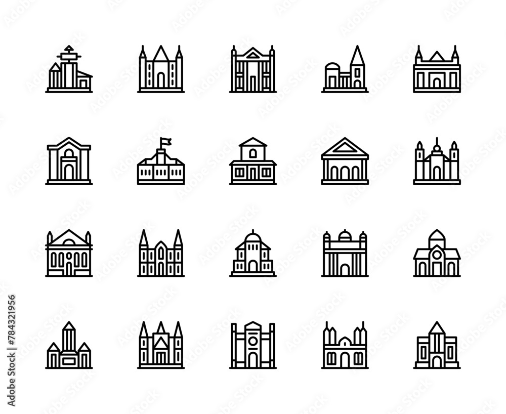 Building and structures vector linear icons set. Buildings icons of tower, dacha, villa, bank, library and more.