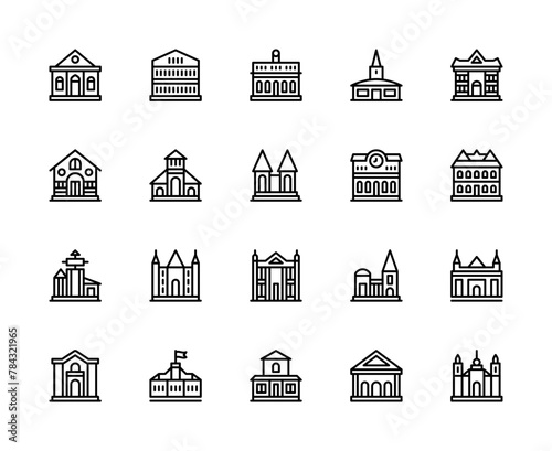 Building and structures vector linear icons set. Buildings icons of university, synagogue, mosque, bungalow and more.