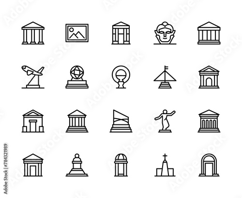 Museum vector linear icons set. Museum icons of art, story, culture, paintings, statues and more.