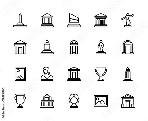 Museum vector linear icons set. Museum icons of monument, architecture, sculpture, statues and more.