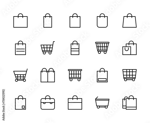Shopping bag and basket vector linear icons set. Contains such icons as shopping bag, purchases, cart, shopping basket and more.
