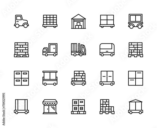 Logistics and cargo transportation vector linear icons set. Logistics icons of tractor, delivery, product, pallets and more.